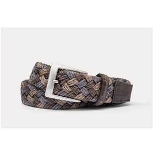 W. Kleinberg French Khaki Woven Belt Crocodile Tabs Nickel Buckle Sz 34 MSRP 195